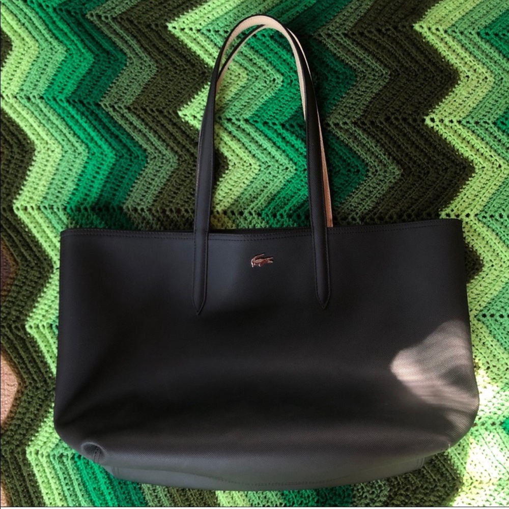 Lacoste Anna large reversible shopping bag tote EUC coated canvas black tan